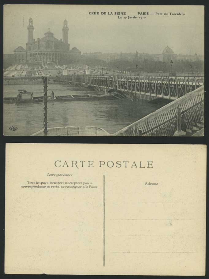 PARIS FLOOD 1910 Old Postcard Pont du Trocadero Bridge Boat