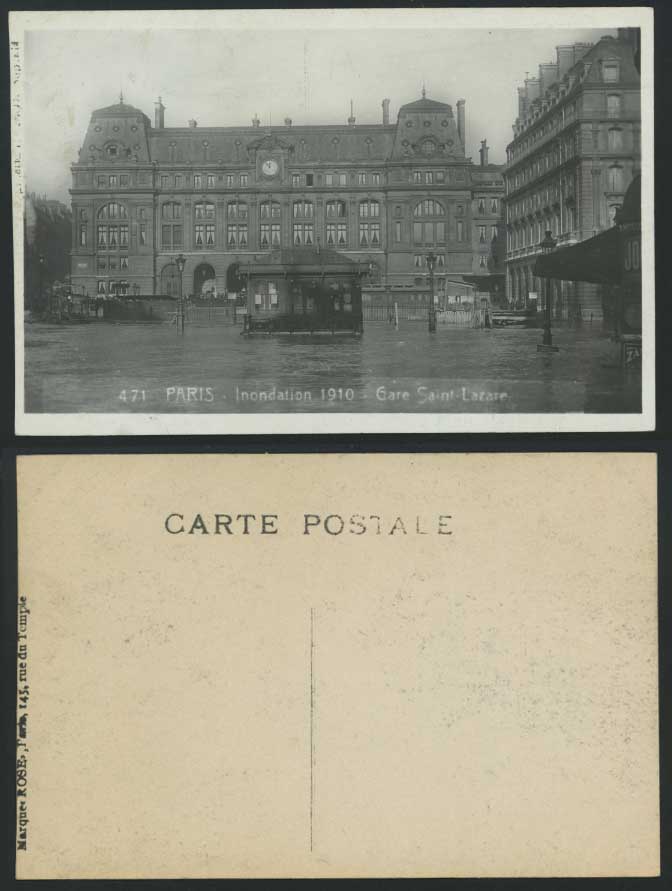 PARIS FLOOD 1910 Old Postcard Gare Saint-Lazare Railway Station Train Station