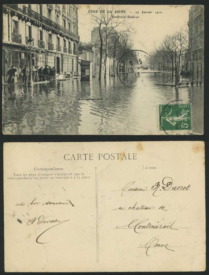 PARIS FLOOD 29 Jan 1910 Old Postcard Boulevard Diderot
