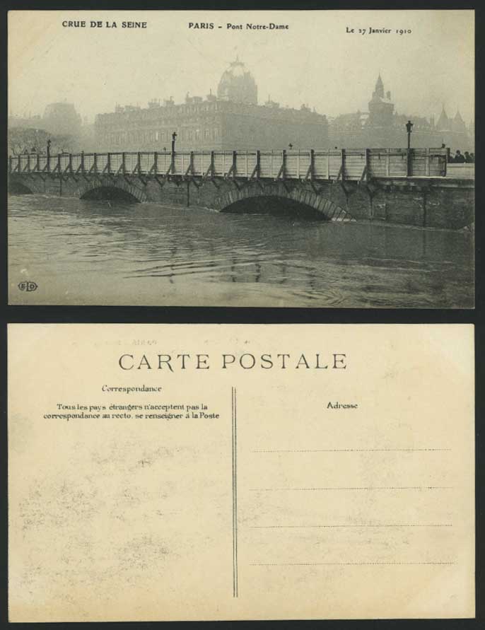 PARIS FLOOD 1910 Old Postcard Le Pont Notre Dame Bridge