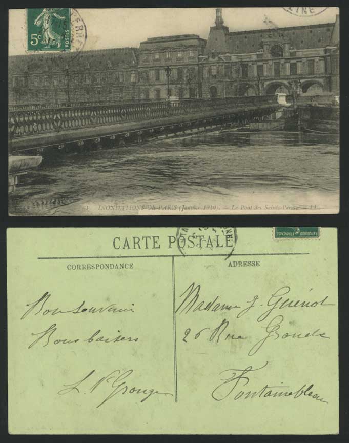 PARIS FLOOD 1910 Old Postcard Pond des Saints-Peres Bridge, Seine River L.L. 61