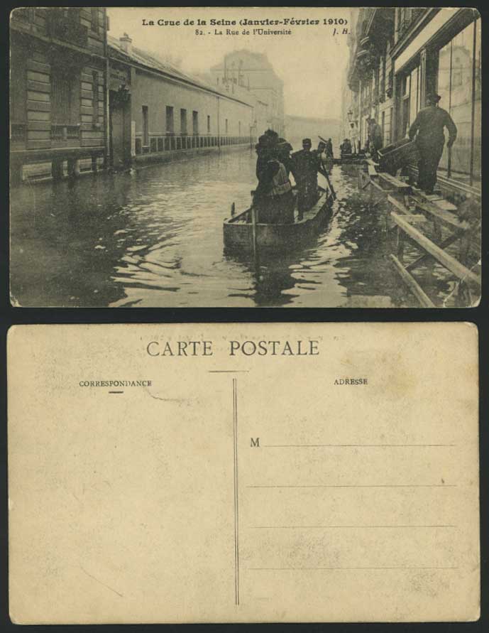 PARIS FLOOD 1910 Postcard University Street Boat Bridge
