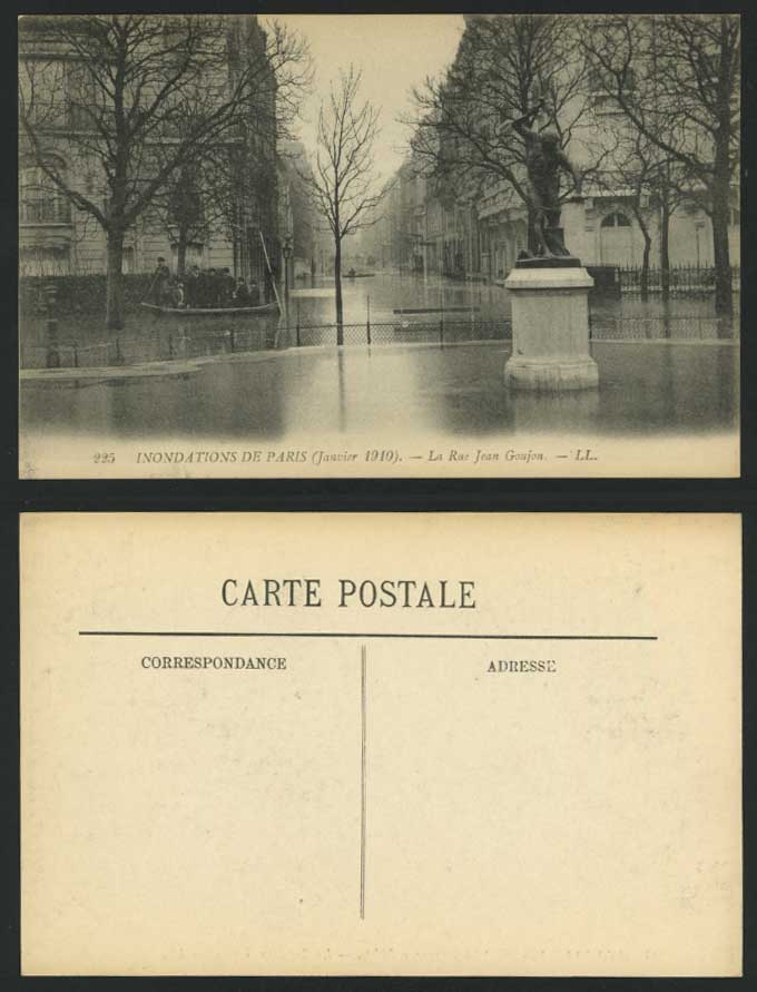 PARIS FLOOD 1910 Postcard Rue Jean Goujon Statue & Boat