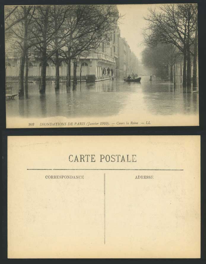 PARIS FLOOD Janvier 1910 Old Postcard Cours La Reine, Boat L.L. 202 Disaster