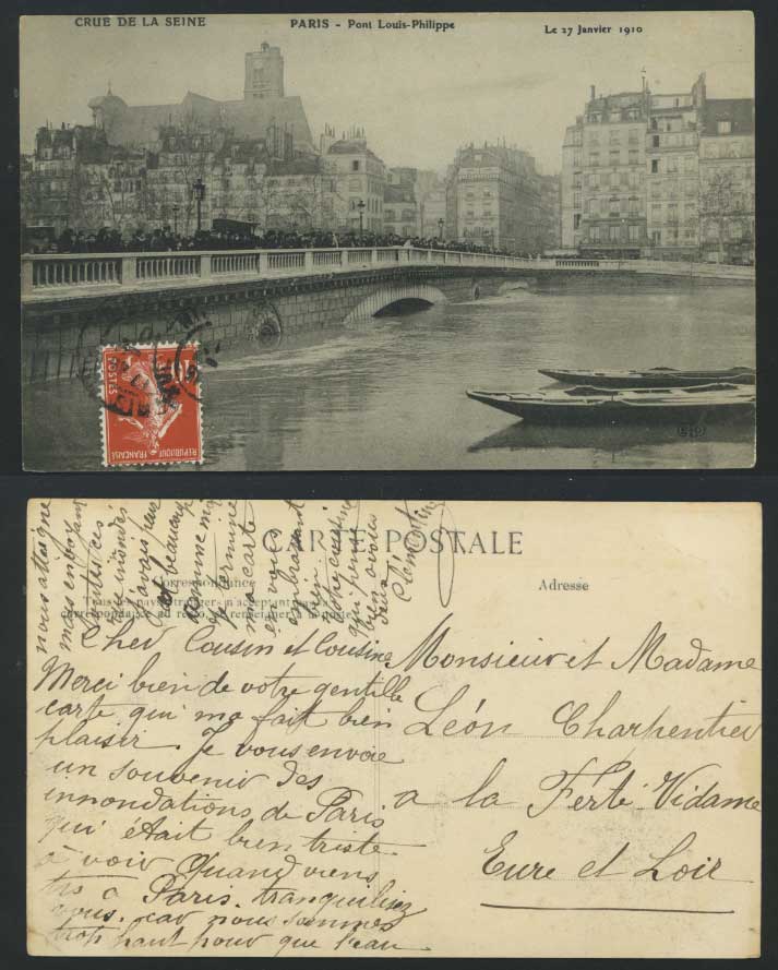 PARIS FLOOD 27 Jan 1910 Postcard Le Pont Louis Philippe