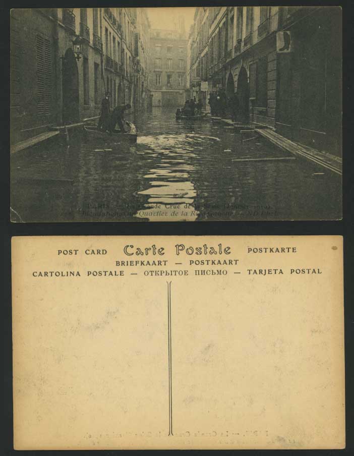 PARIS FLOOD 1910 Postcard Quartier de Rive Ganche Boats