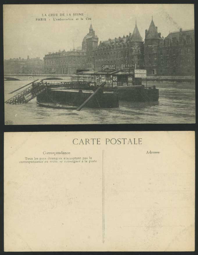 PARIS FLOOD 1910 Old Postcard L'embarcadere et la Cite