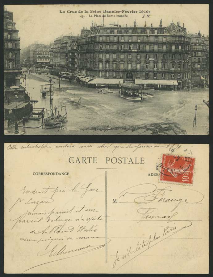 PARIS FLOOD 1910 Old Postcard, La Place de Rome Inondee Flooded Street Scene