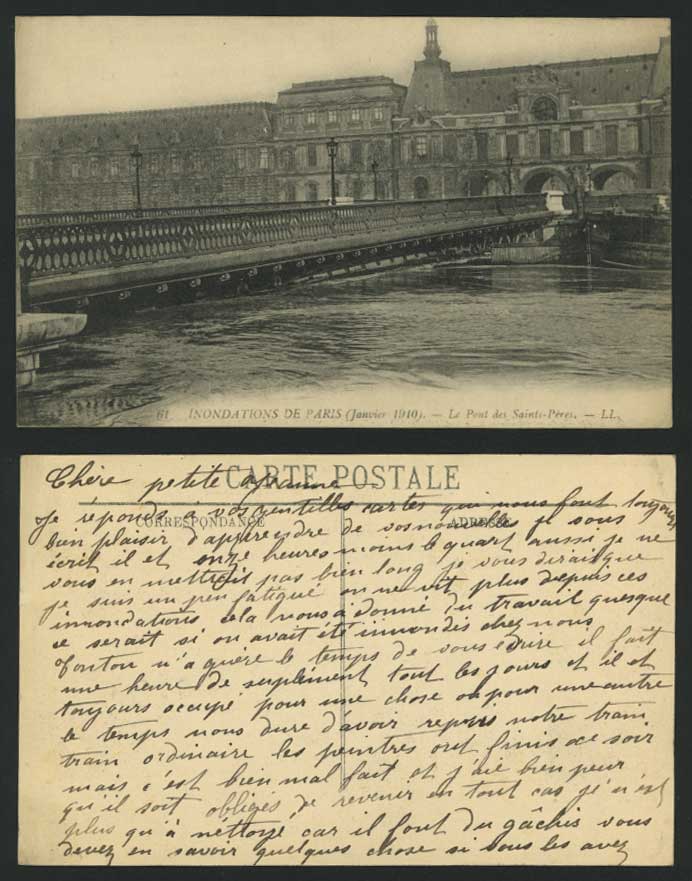 PARIS FLOOD 1910 Postcard Pond des Saints-Peres Bridge