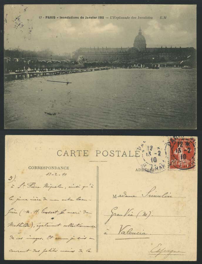 PARIS FLOOD Disaster 1910 Old Postcard Esplanade de Invalides Bridge