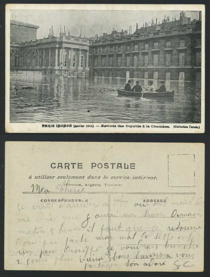 PARIS FLOOD Disaster 1910 Old Postcard Deputes a la Chambre on Boat