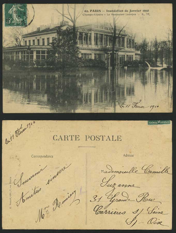 FLOOD 1910 Postcard Restaurant Ledoyen Champs-Elysees