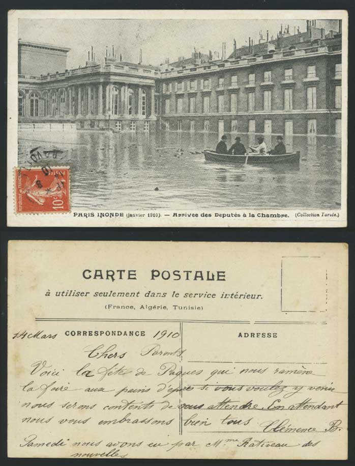 PARIS FLOOD 10c Sower 1910 Old Postcard Arrivee des Deputes a la Chamber by Boat