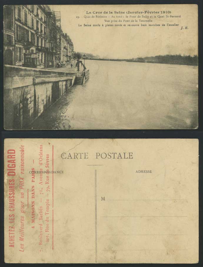 PARIS FLOOD 1910 Postcard Quai de Bethune Le Pont de Sully et le Quai St-Bernard