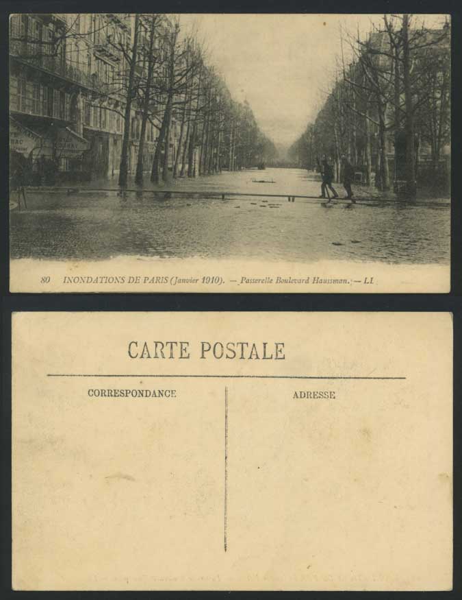 PARIS FLOOD 1910 Postcard Passerelle Boulevard Haussman
