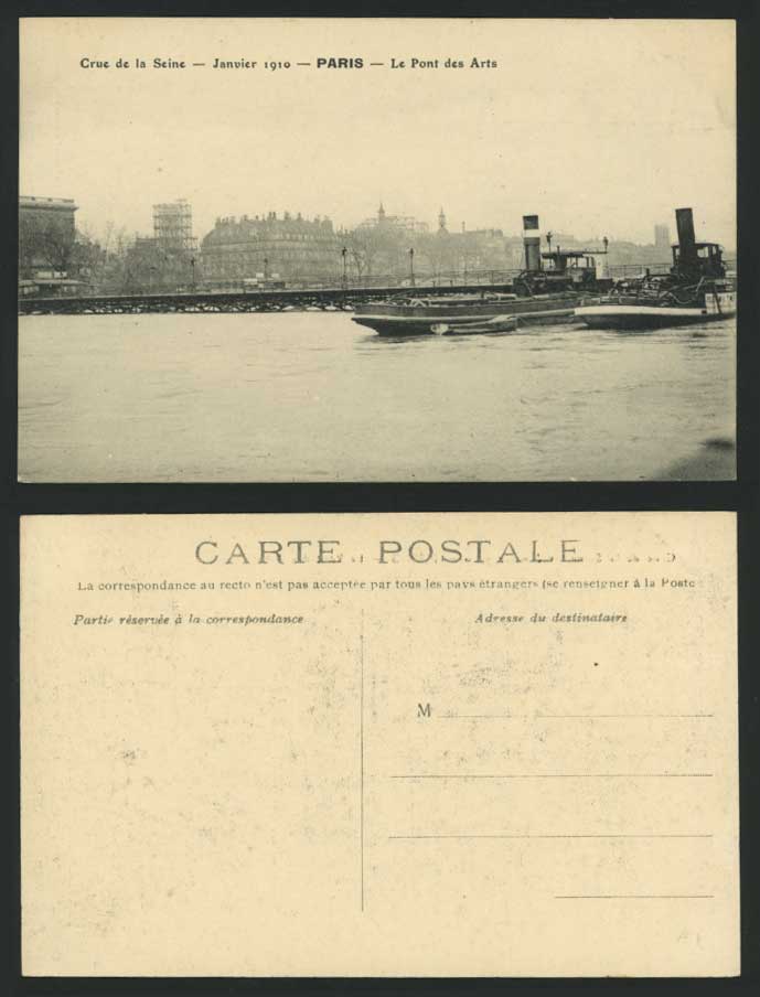 PARIS FLOOD 1910 Old Postcard Pont des Arts Bridge Steamers Steam Ships