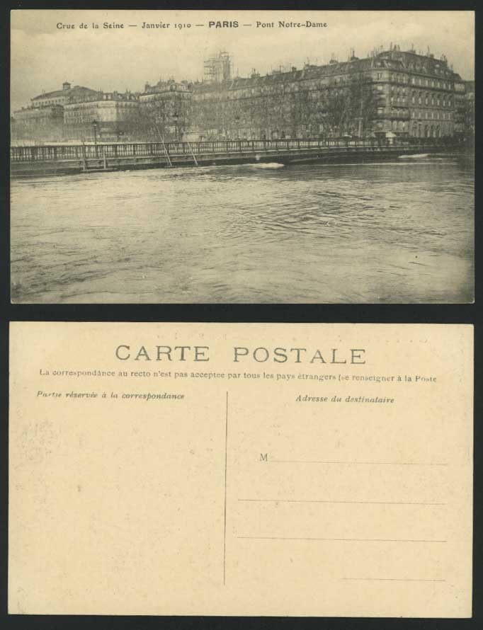 PARIS FLOOD Ja 1910 Old Postcard Pont Notre-Dame Bridge