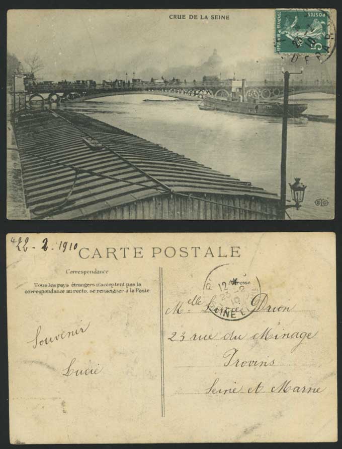 PARIS FLOOD 1910 Postcard BRIDGE Steamboat, Seine River
