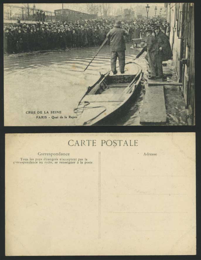 PARIS FLOOD 1910 Postcard Quai de la Rapee, Rescue Boat
