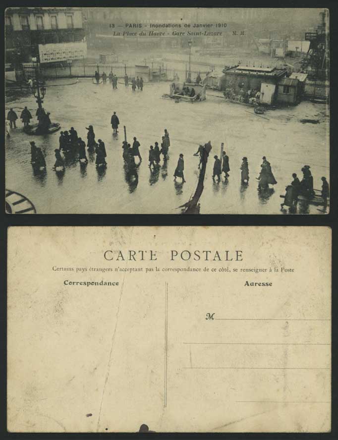 PARIS FLOOD 1910 Postcard Saint-Lazare Railway Station