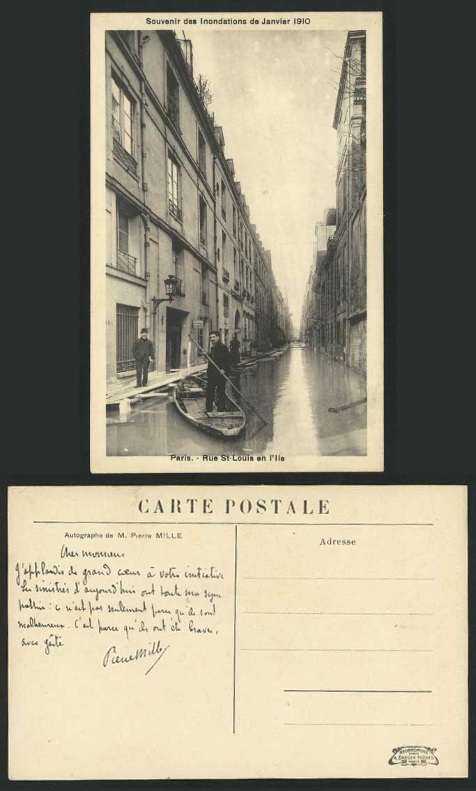 PARIS FLOOD 1910 Postcard Rue St-Louis en l'lle St Boat