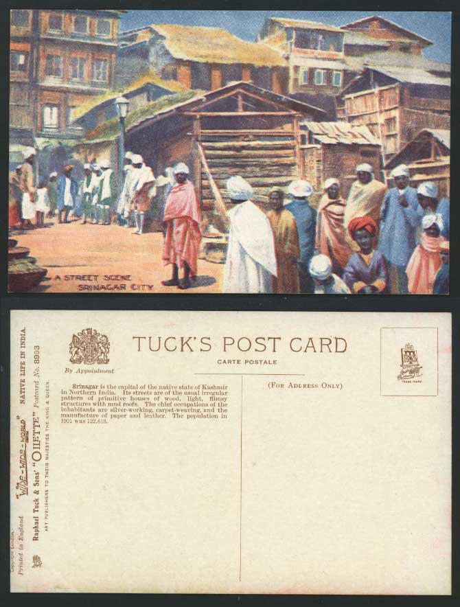 India Native Life in Old Tuck's Oilette Postcard SRINAGAR CITY, A Street Scene