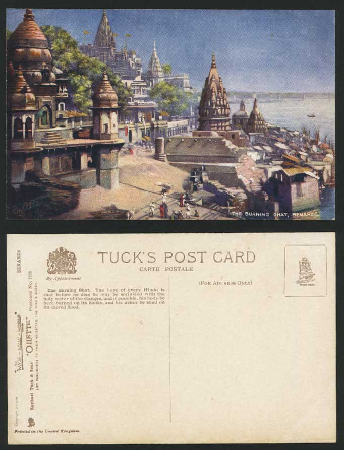 India Old Tuck's Oilette Postcard Burning Ghat Benares River Scene Bridge Temple
