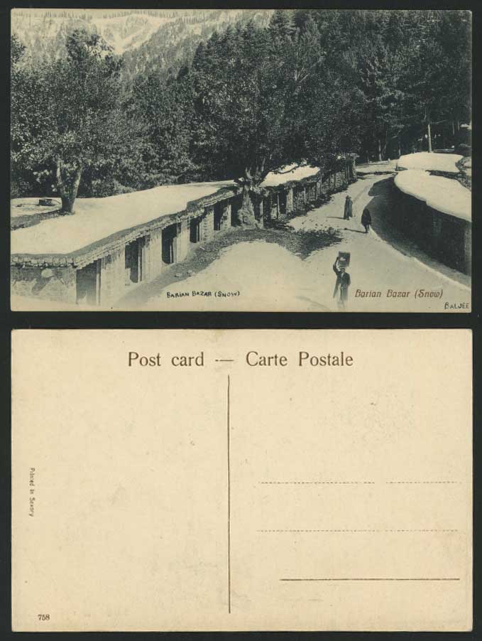 India British Old Postcard BARIAN BAZAR in Winter, SNOW