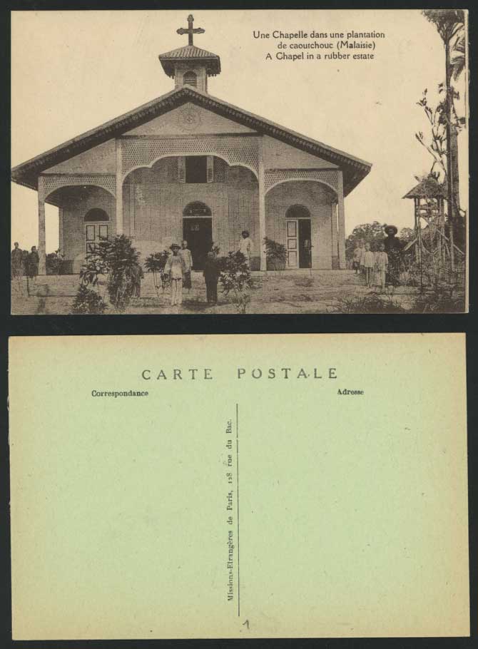 Malaysia Chapel in Rubber Estate Malay Boy Old Postcard