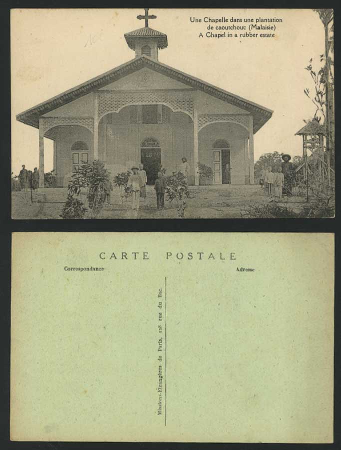 Malaya Boys, A Chapel in Rubber Plantation Old Postcard