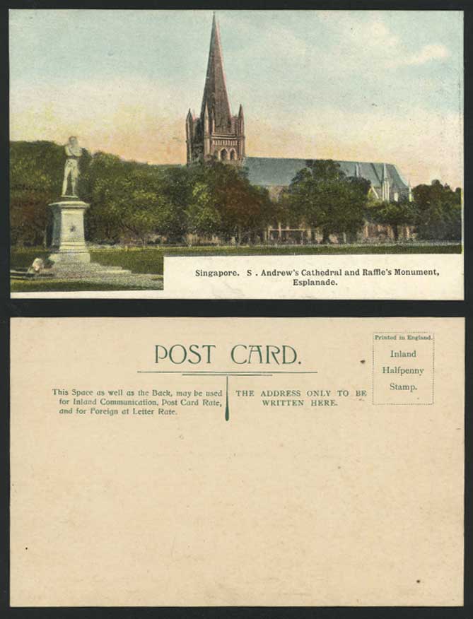 Singapore Old Colour Postcard Saint St. S Andrew Cathedral Raffle Statue