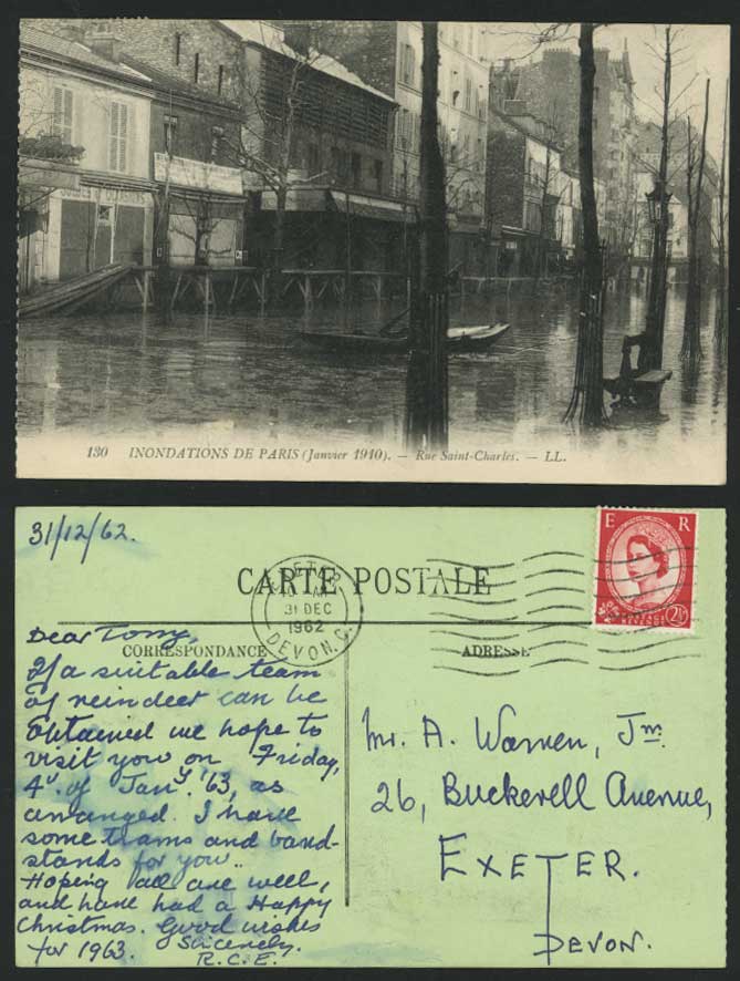 PARIS FLOOD Inondation 1910 Old Postcard Rue Saint-Charles Flooded Street & Boat