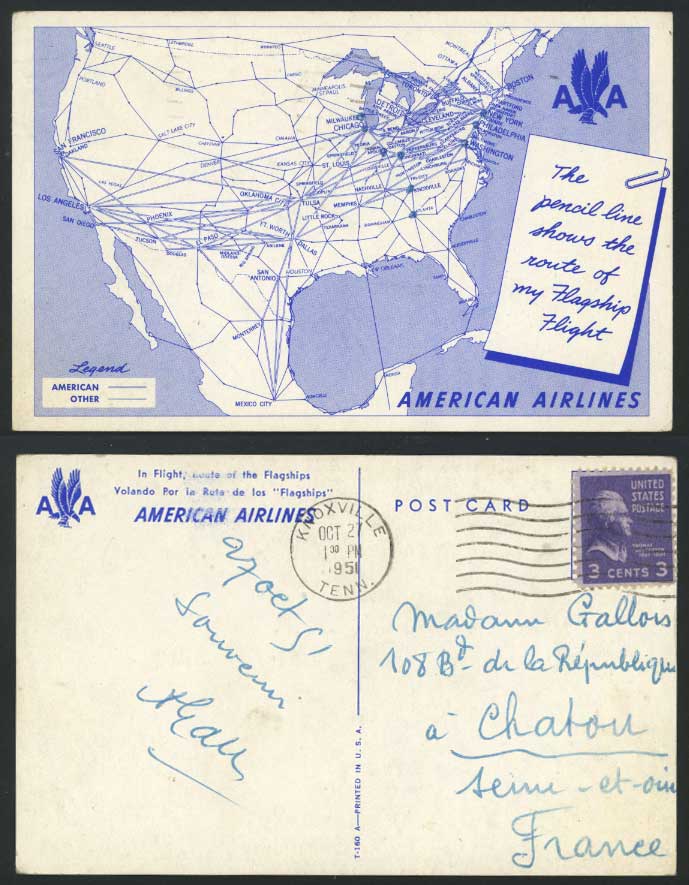 AMERICAN AIRLINES Flagships Route MAP 1951 Old Postcard