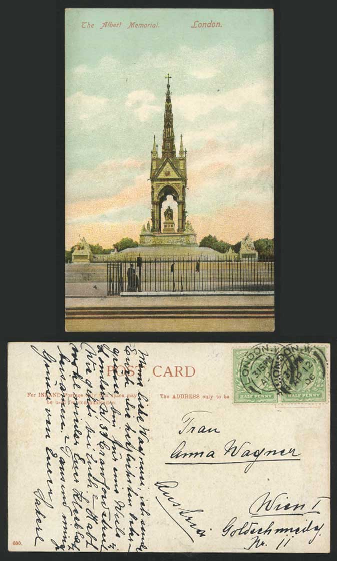 London to Austria 1906 Old Postcard THE ALBERT MEMORIAL