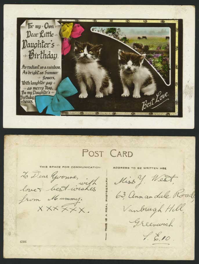 Cats Kittens Daughter's Birthday Best Love Old Postcard