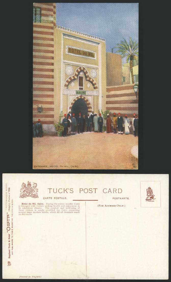 Egypt Old Tuck's Oilette Postcard CAIRO Entrance HOTEL DU NIL Le Caire Art Drawn