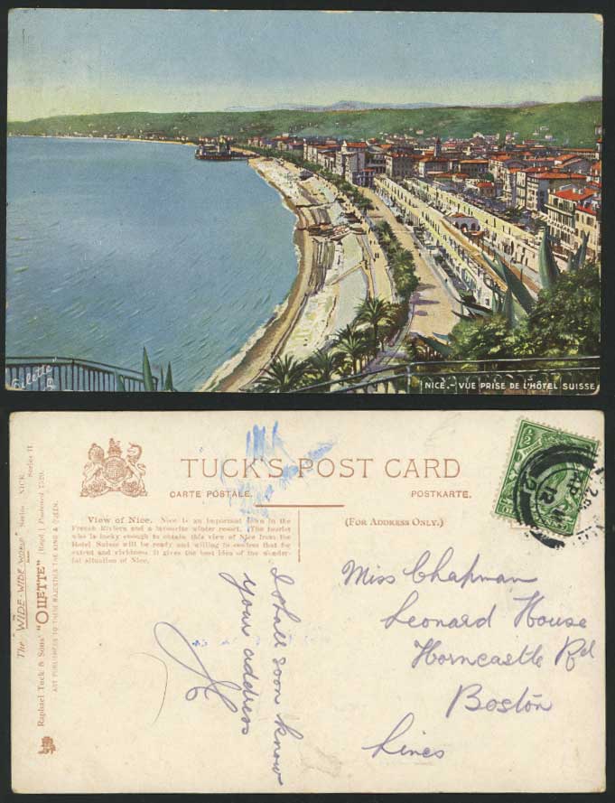 NICE from Hotel Suisse 1912 Old Tuck's Oilette Postcard