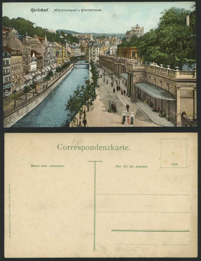 KARLSBAD - Muehlbrunnquai u. Kreuzstrasse  Old Postcard
