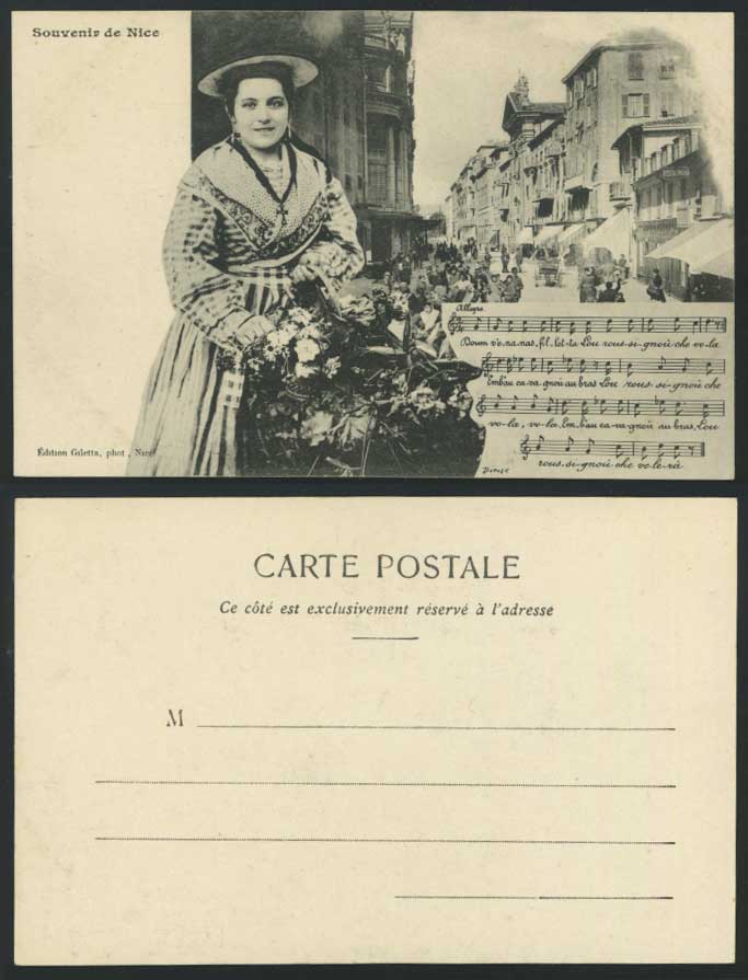 NICE Old Postcard Woman Flowers Music Restaurant Street