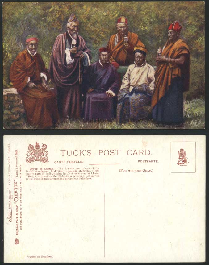 TIBET China Old Tuck's Oilette Postcard 6 TIBETAN LAMAS with Prayer Wheels