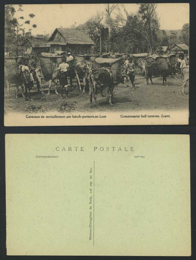 Laos Indo-China Old Postcard Bull Caravan Re-supply Cattle Native Village Street