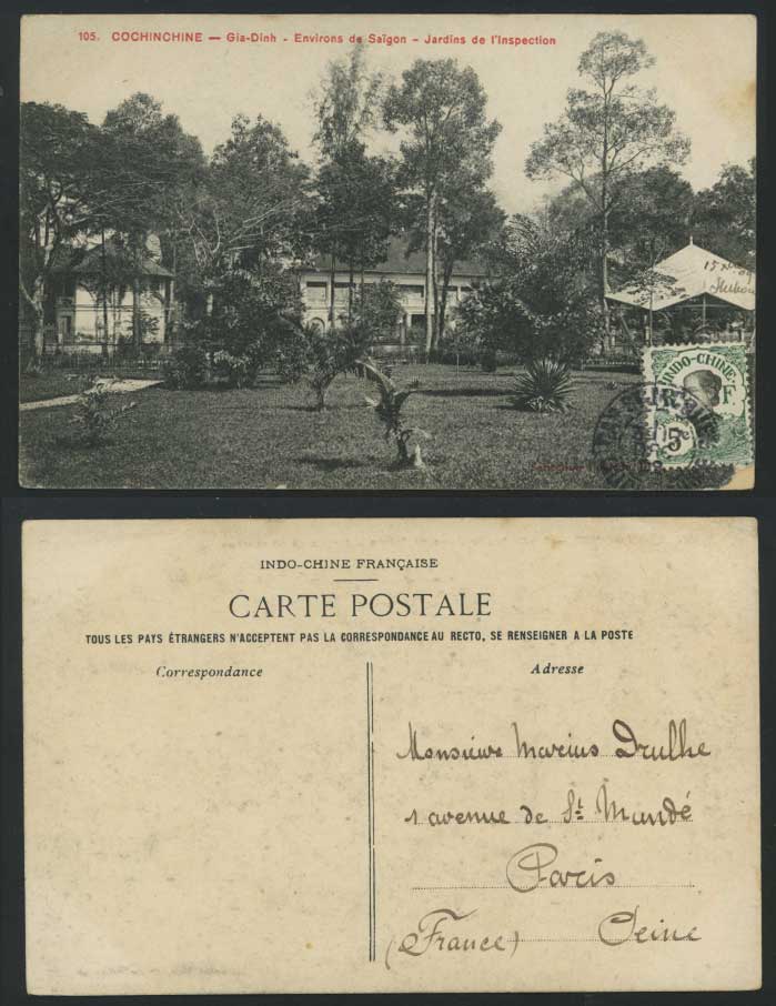 Indochina 1909 Old Postcard GIA-DINH Saigon Jardins de l'Inspection Cochinchine