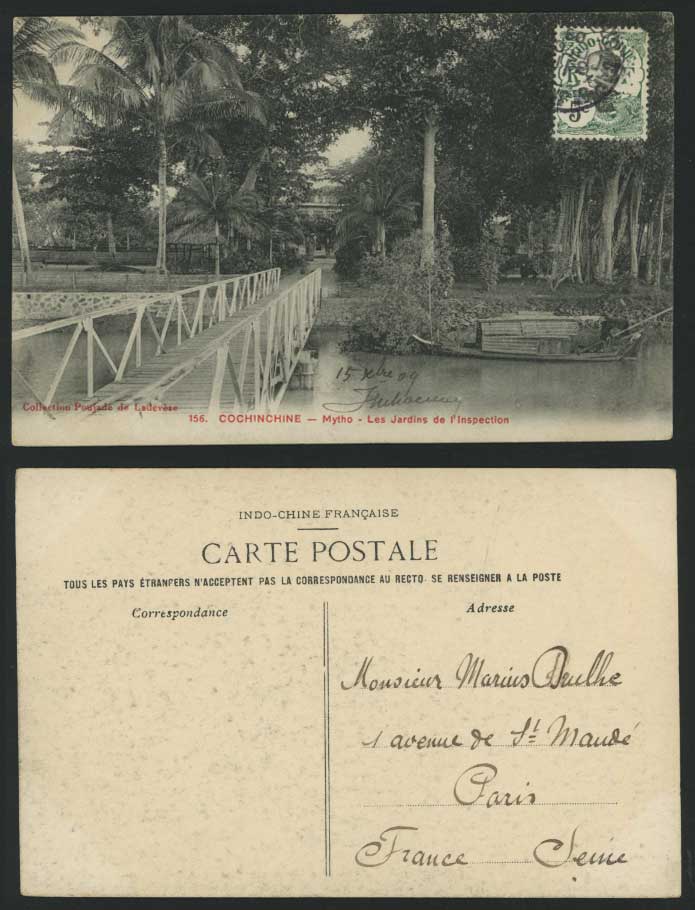 Indo-China 1909 Old Postcard MYTHO Bridge in Jardins de l'Inspection Sampan Boat