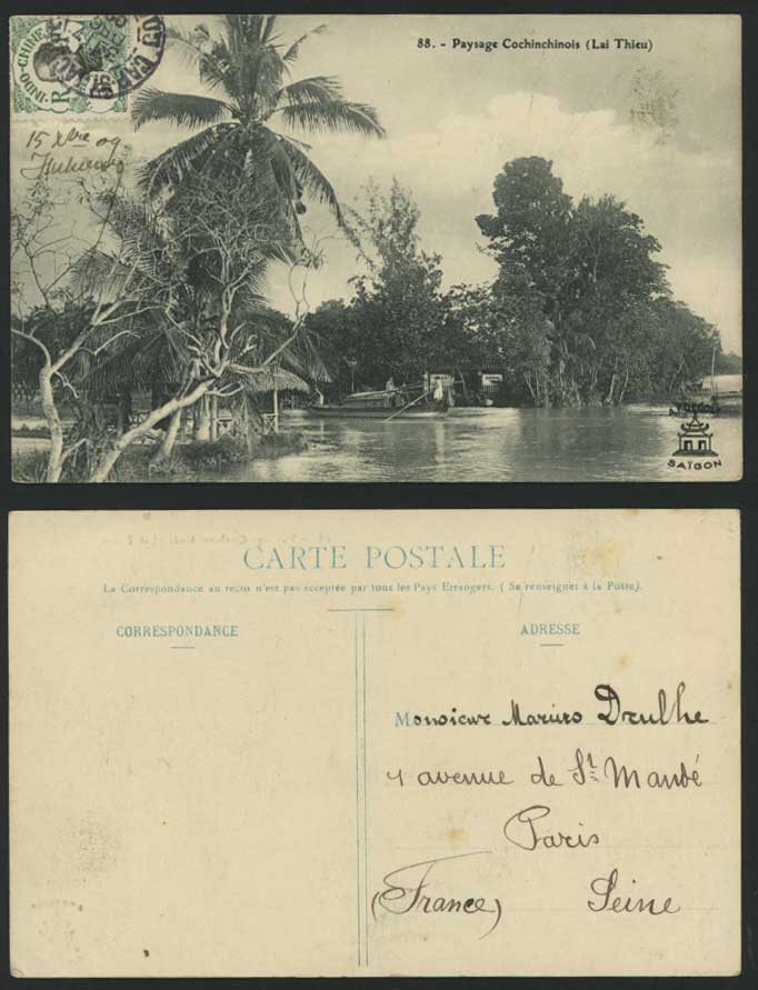 Indo-China 1909 Old Postcard Cochinchine Landscape Lai Thieu, Native Boat Sampan