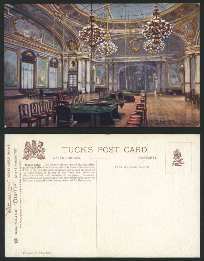 Monte Carlo Salon de Roulette Casino Gambling Halls Old Tuck's Oilette Postcard