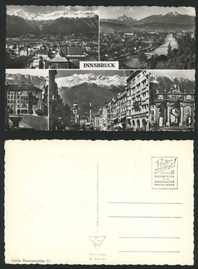 Austria Old RP Postcard INNSBRUCK Hotel Maria Theresia, Street River Bridge Gate