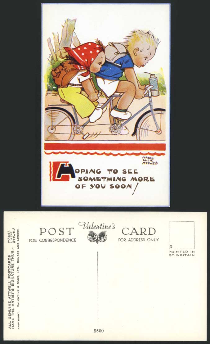 MABEL LUCIE ATTWELL Old Postcard On TANDEM BICYCLE Hope to See More of You 5500