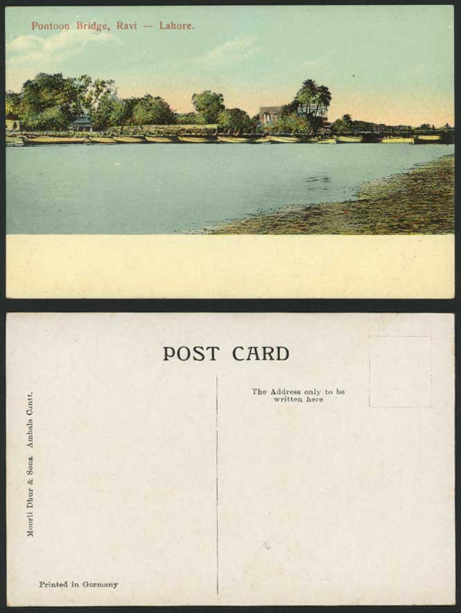 India Old Colour Postcard PONTOON BRIDGE RAVI Boats LAHORE (British Indian)