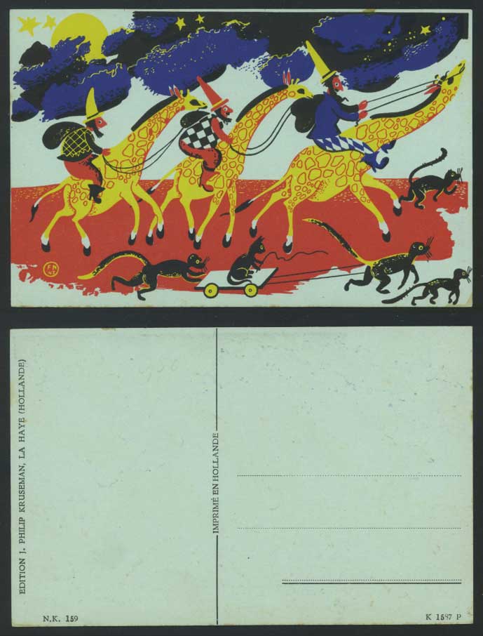Gnomes Gnome Riding Giraffes Giraffe Riders, Monkeys Cat Kitten ART Old Postcard