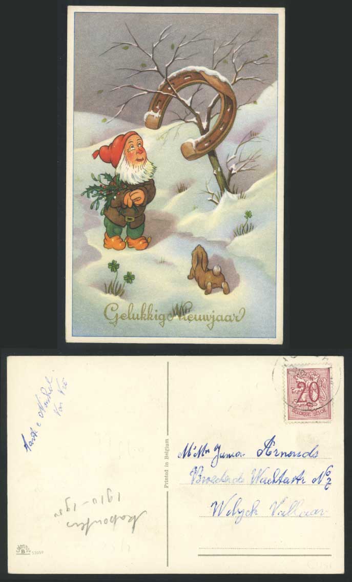 Gnome Horseshoe Rabbit, Snow Happy New Year Gelukkig Nieuwjaar 1958 Old Postcard